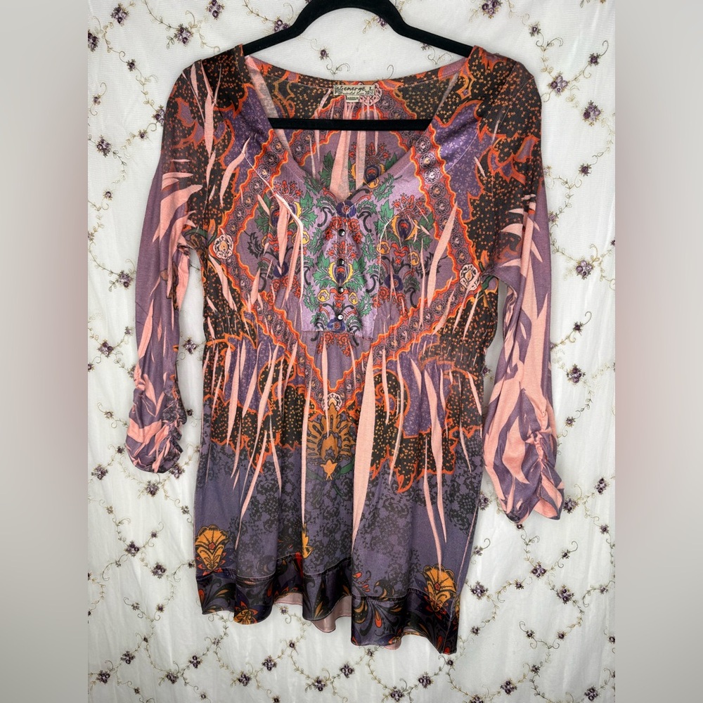 Bohemian Floral Print Tunic Top - Purple & Pink